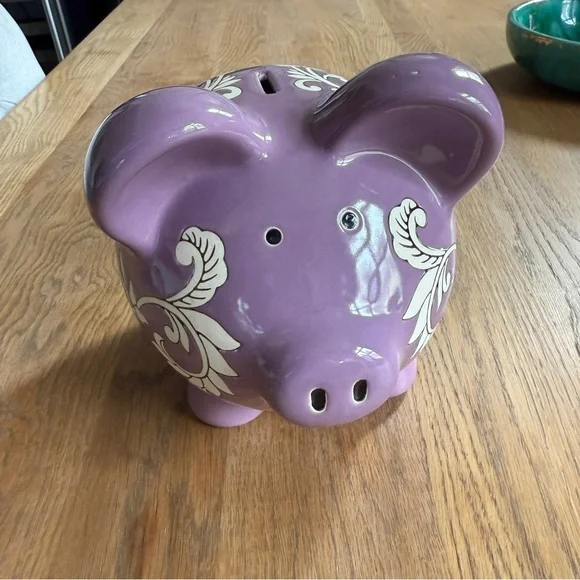 Purple Ceramic Piggy Bank with Decorative Accents - Picture 6 of 7
